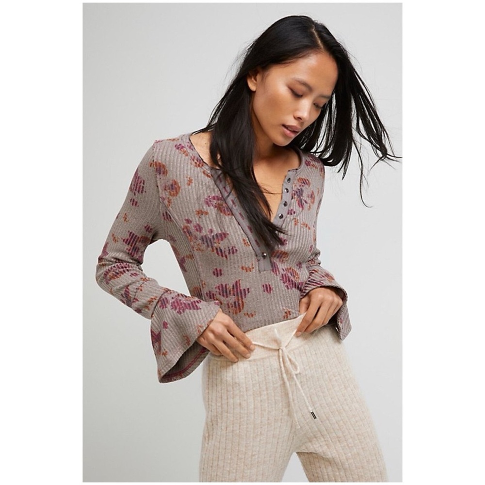 Free People Layer Me Henley Blossom Pattern Thermal-Knit Ribbed Long Sleeve